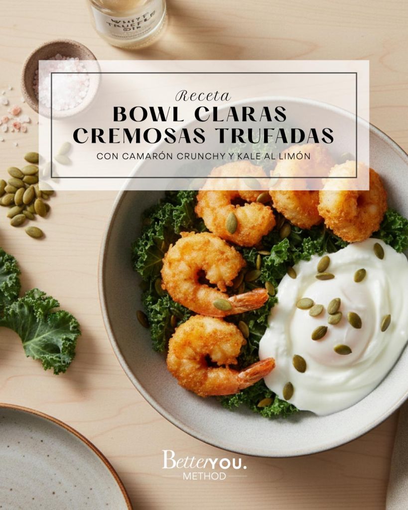 Bowl de claras trufadas con camarón saludable