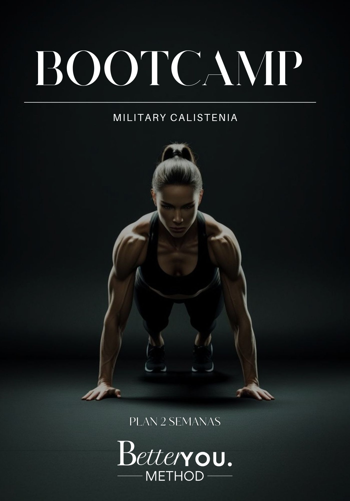 Mujer joven con ropa deportiva negra realizando lagartija, representando entrenamiento tipo bootcamp de calistenia enfocado en fuerza, disciplina y resistencia