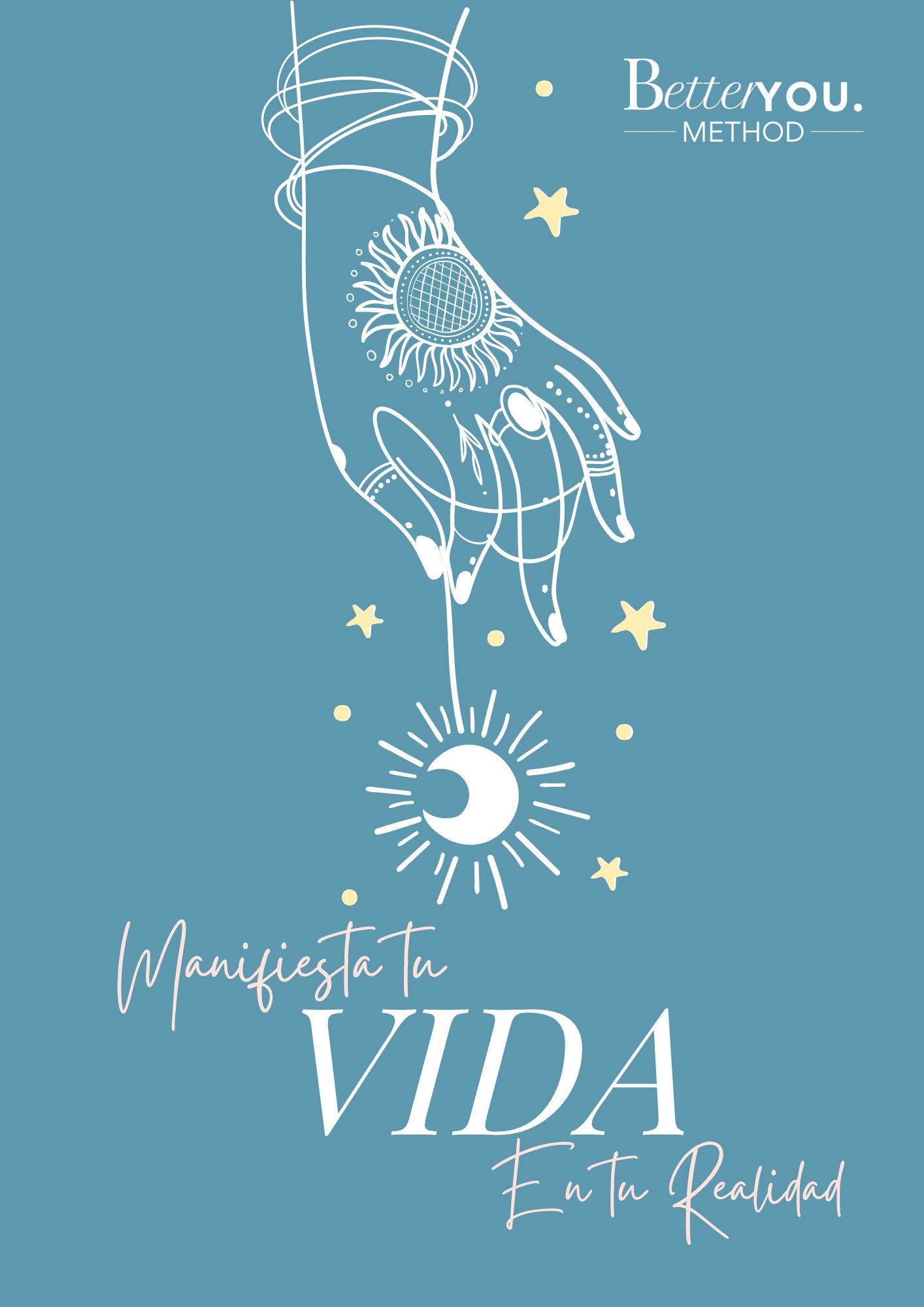 Portada azul con ilustración vectorial de líneas finas de una mano femenina con tatuajes tipo mandala, pulseras y anillos sosteniendo un hilo del que cuelga una luna brillante