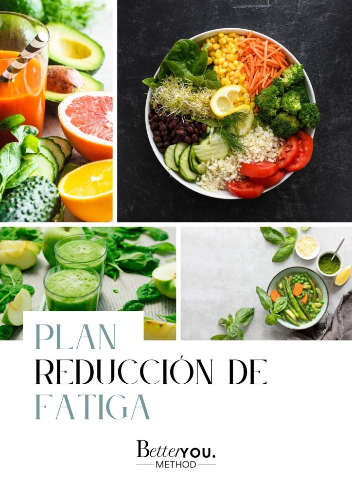 Collage de alimentos saludables con jugos cítricos, jugos verdes, platos balanceados y verduras, representando plan de reducción de fatiga y energía femenina