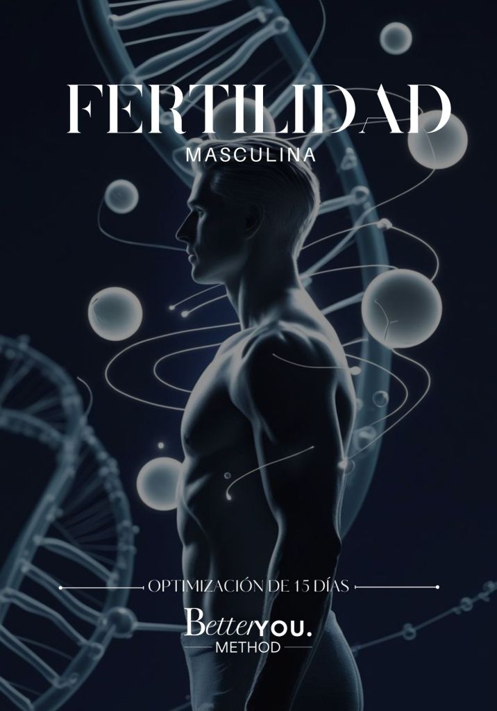 Perfil de figura masculina con elementos científicos como ADN y espermatozoides, representando fertilidad masculina y salud reproductiva