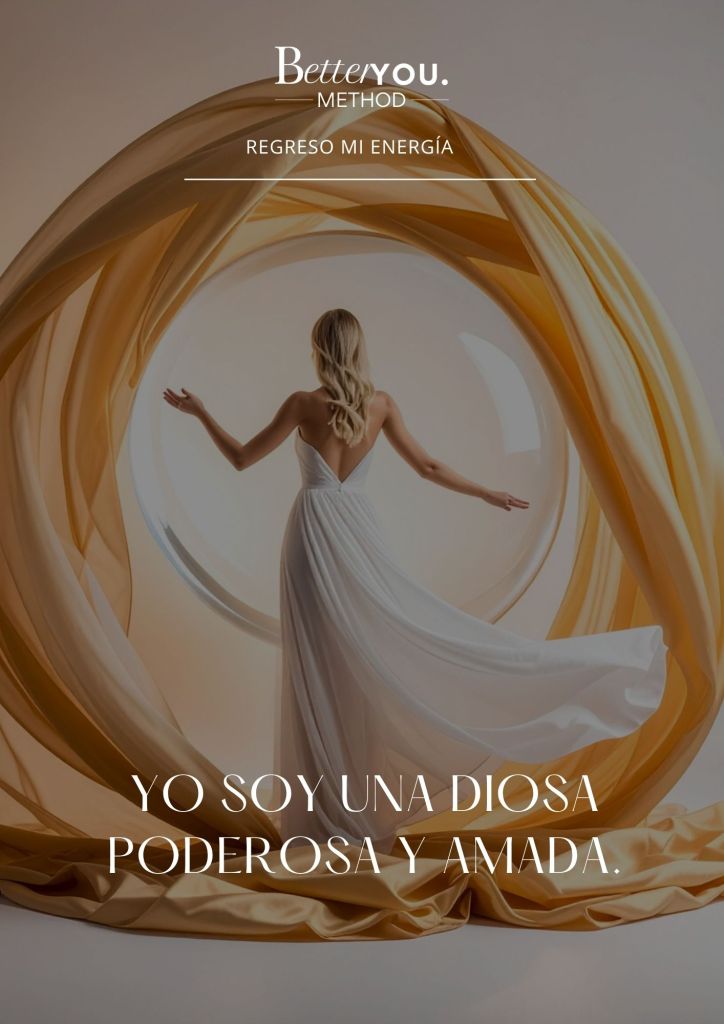 Mujer con vestido blanco frente a esfera y tela dorada en ritual energético