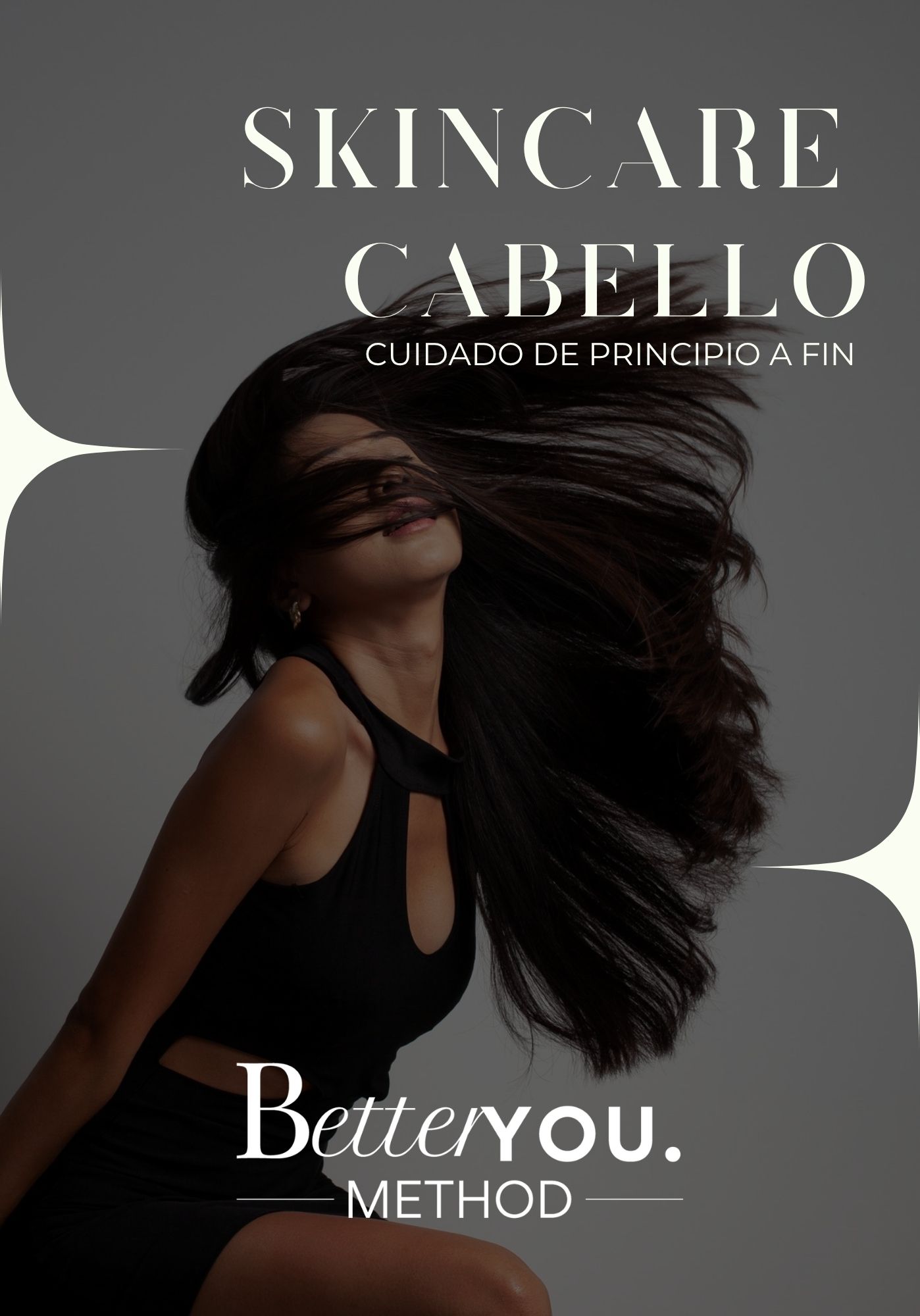 Mujer con cabello sano y brillante en movimiento sobre fondo oscuro, representando cuidado capilar y bienestar desde la raíz