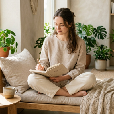 Mujer en espacio wellness aprendiendo sobre medicina funcional y equilibrio integral.